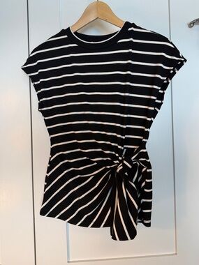 Women's Black & White Striped Tie-Detail Short Sleeve Tee